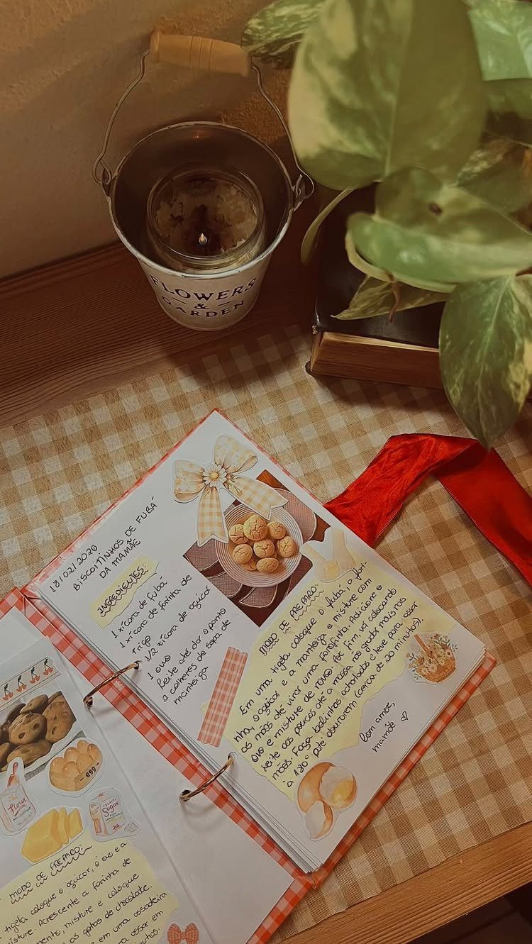 Handmade recipe book with handwritten notes and food photos on a checkered table