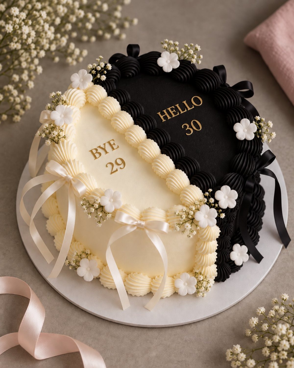 Split cream and black birthday cake with gold text saying Bye 29 Hello 30