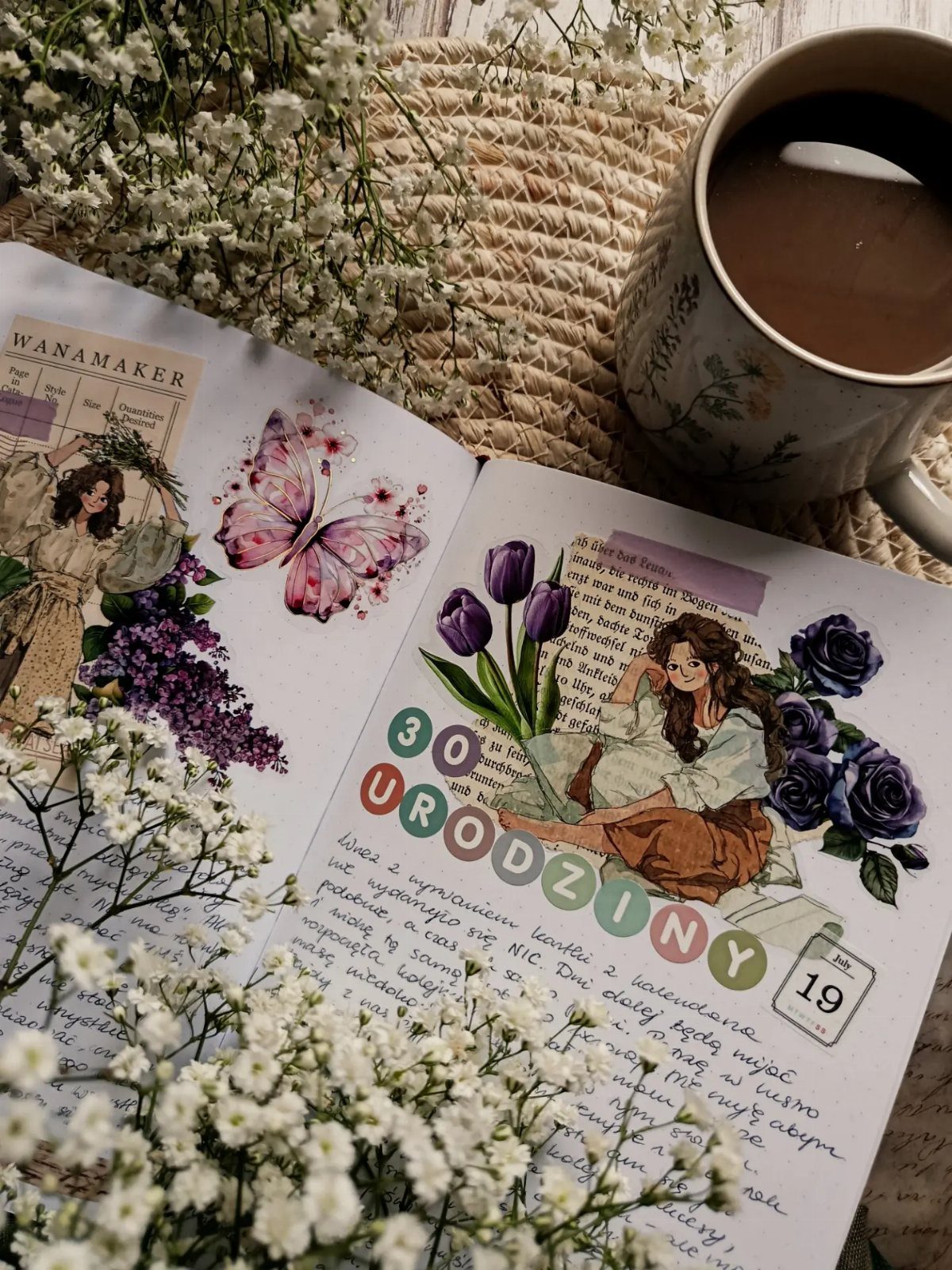 Open decorated journal with 30th birthday text, flowers, and a cup of coffee.