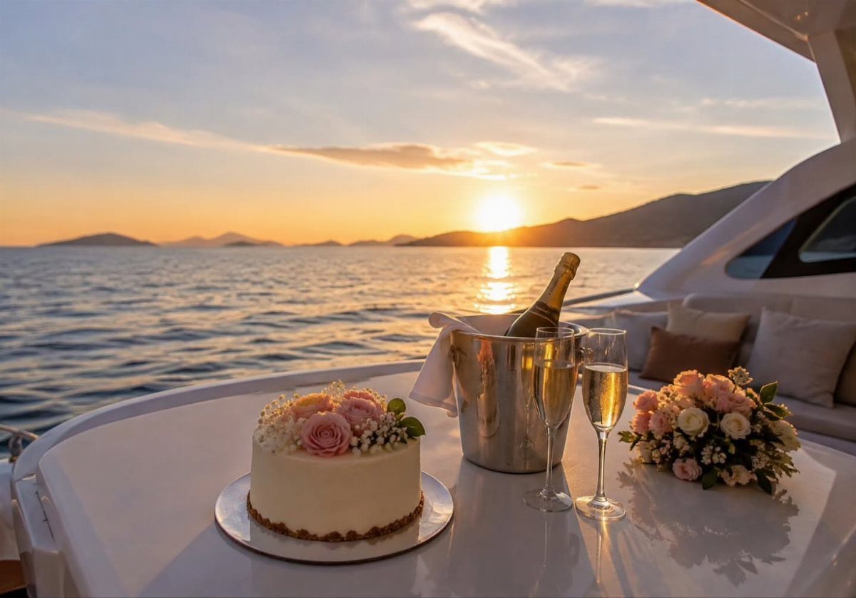Celebration setup with cake and champagne on a yacht during a golden sunset.