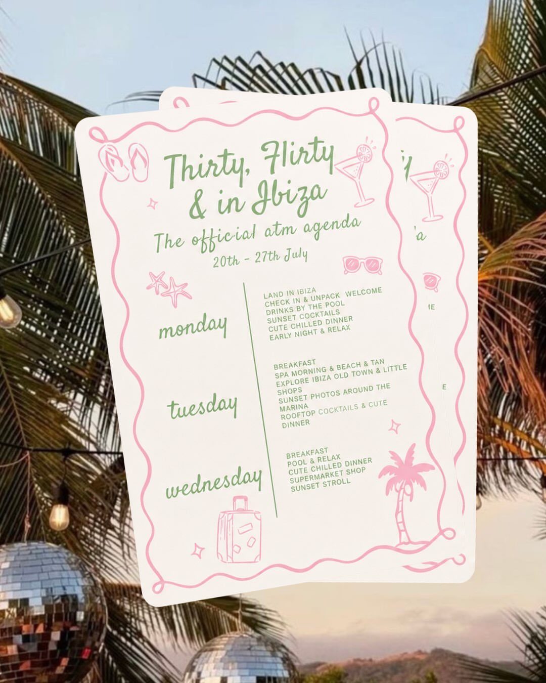 Birthday itinerary card for Ibiza trip set against palm leaves and disco balls