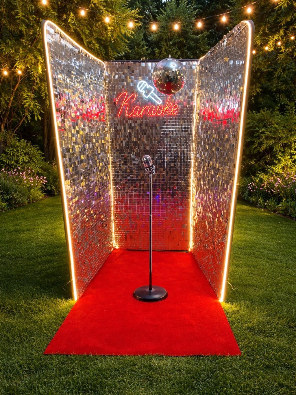 Karaoke setup with silver sequin walls, red carpet, and a vintage microphone outdoors.