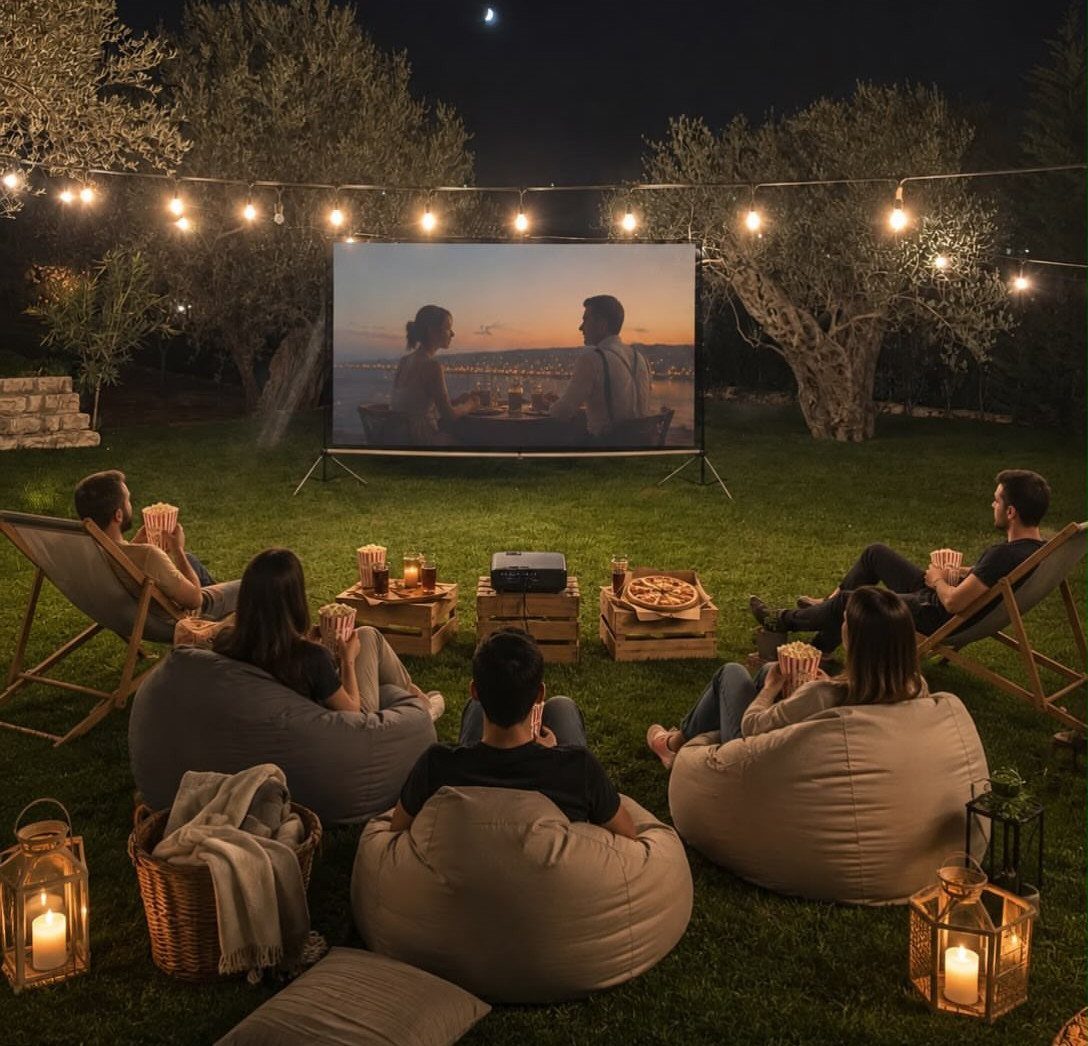 People relaxing in bean bags watching a movie on an outdoor projector screen.