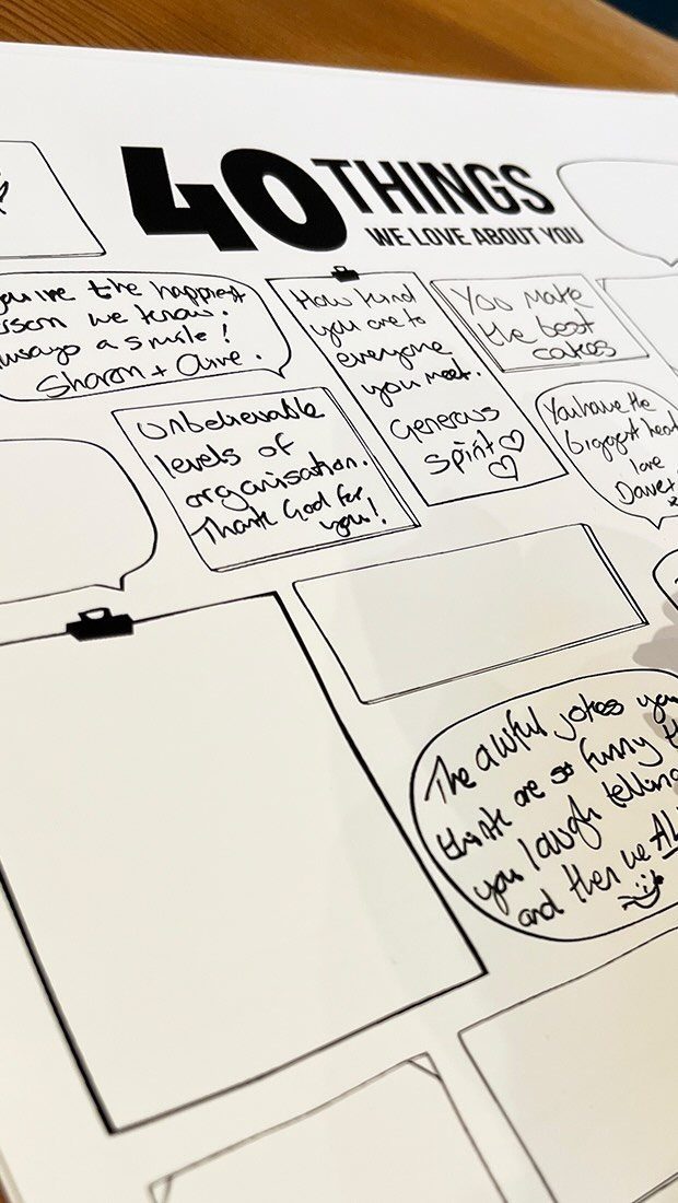 White poster with handwritten compliments in speech bubbles for a 40th birthday celebration.