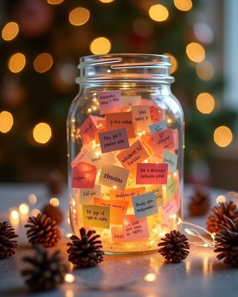 Glass jar filled with colorful handwritten notes surrounded by pinecones and fairy lights.