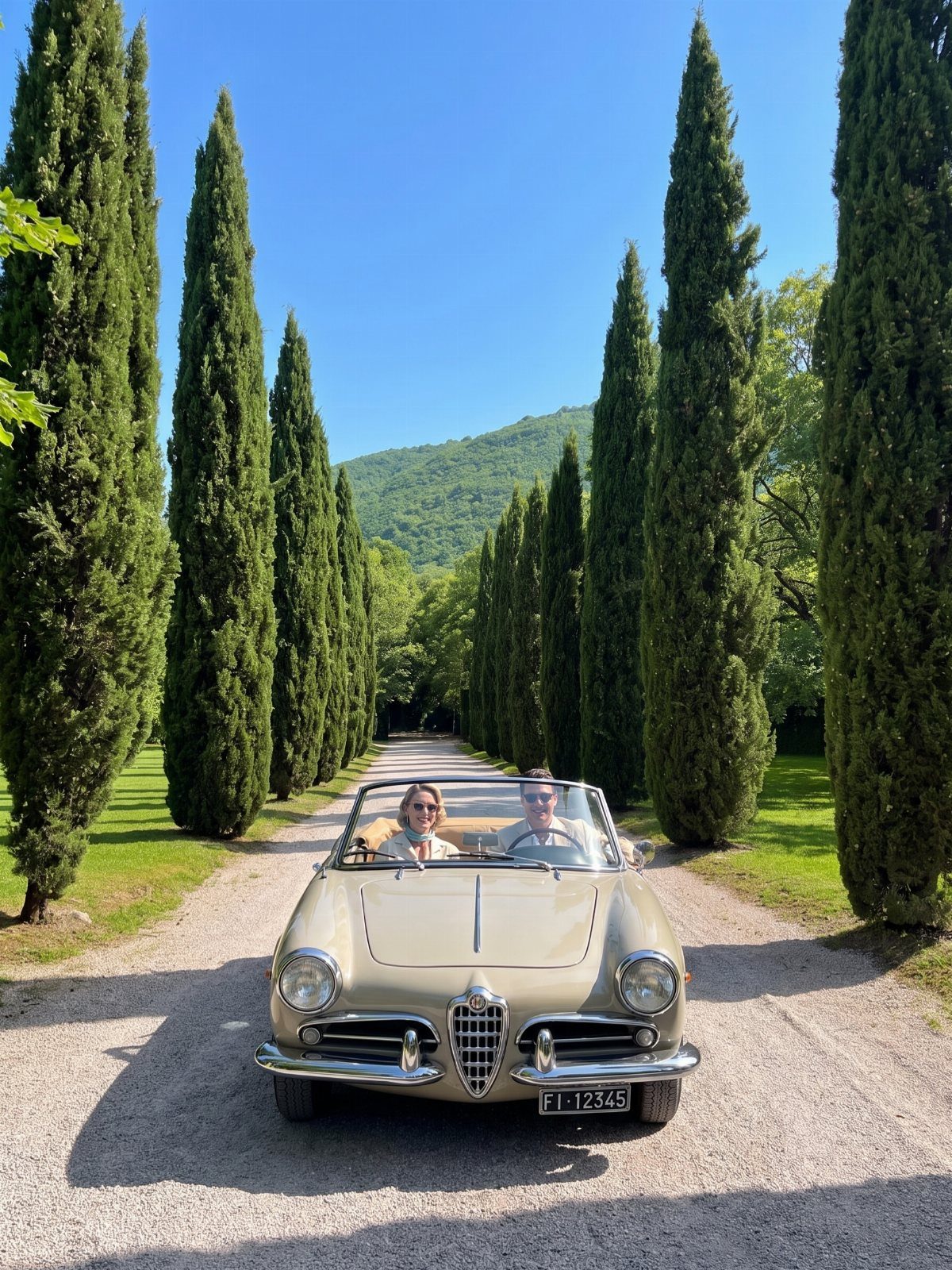 Couple in a vintage beige convertible driving down a cypress-lined road in Tuscany.