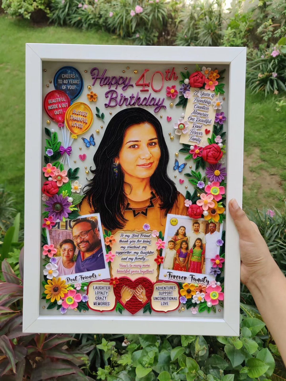 Custom 40th birthday shadow box gift with portrait, photos, and colorful paper flowers
