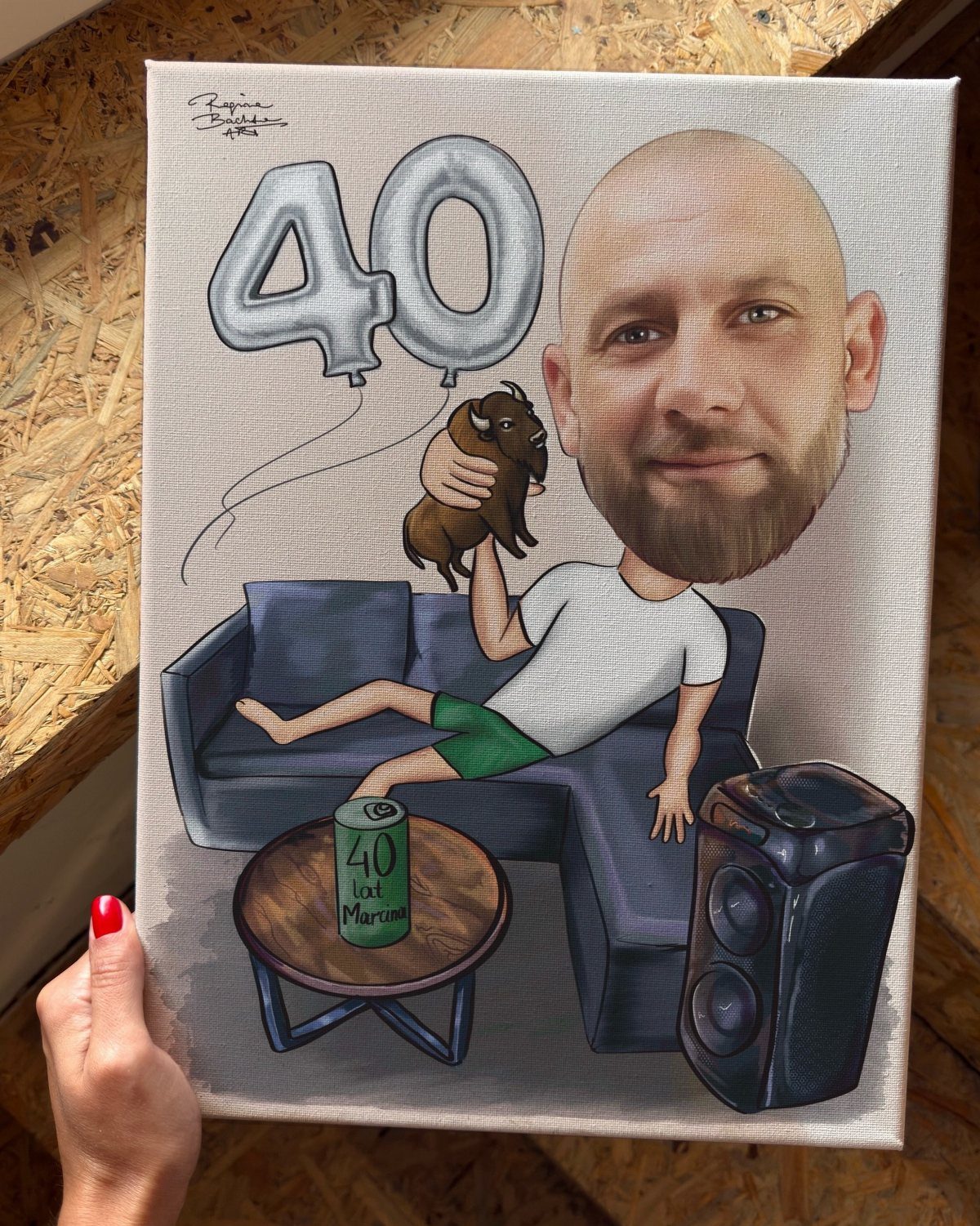 Custom caricature portrait of a man celebrating his 40th birthday on a canvas.