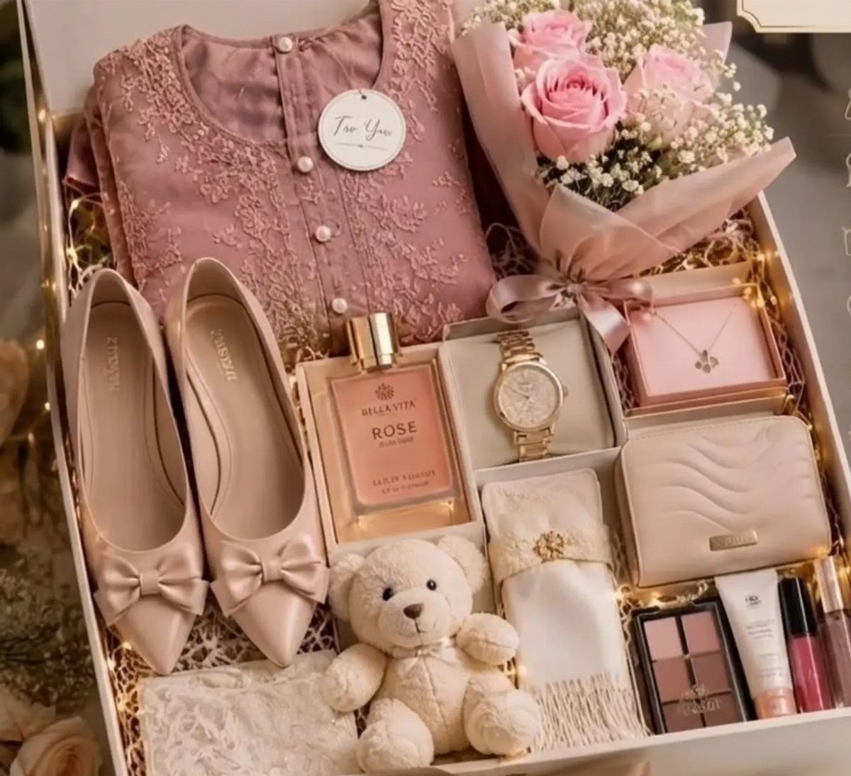 Curated gift box containing pink clothing, beige shoes, roses, jewelry, and beauty products.