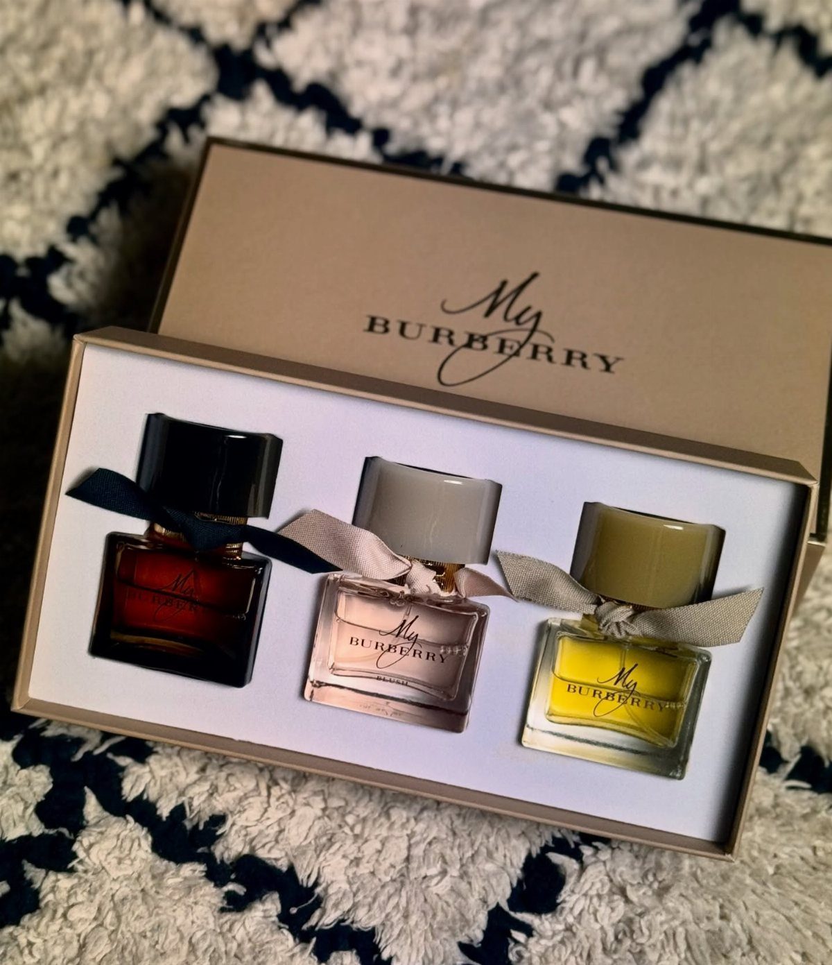 My Burberry perfume gift set with three scented bottles in a beige box