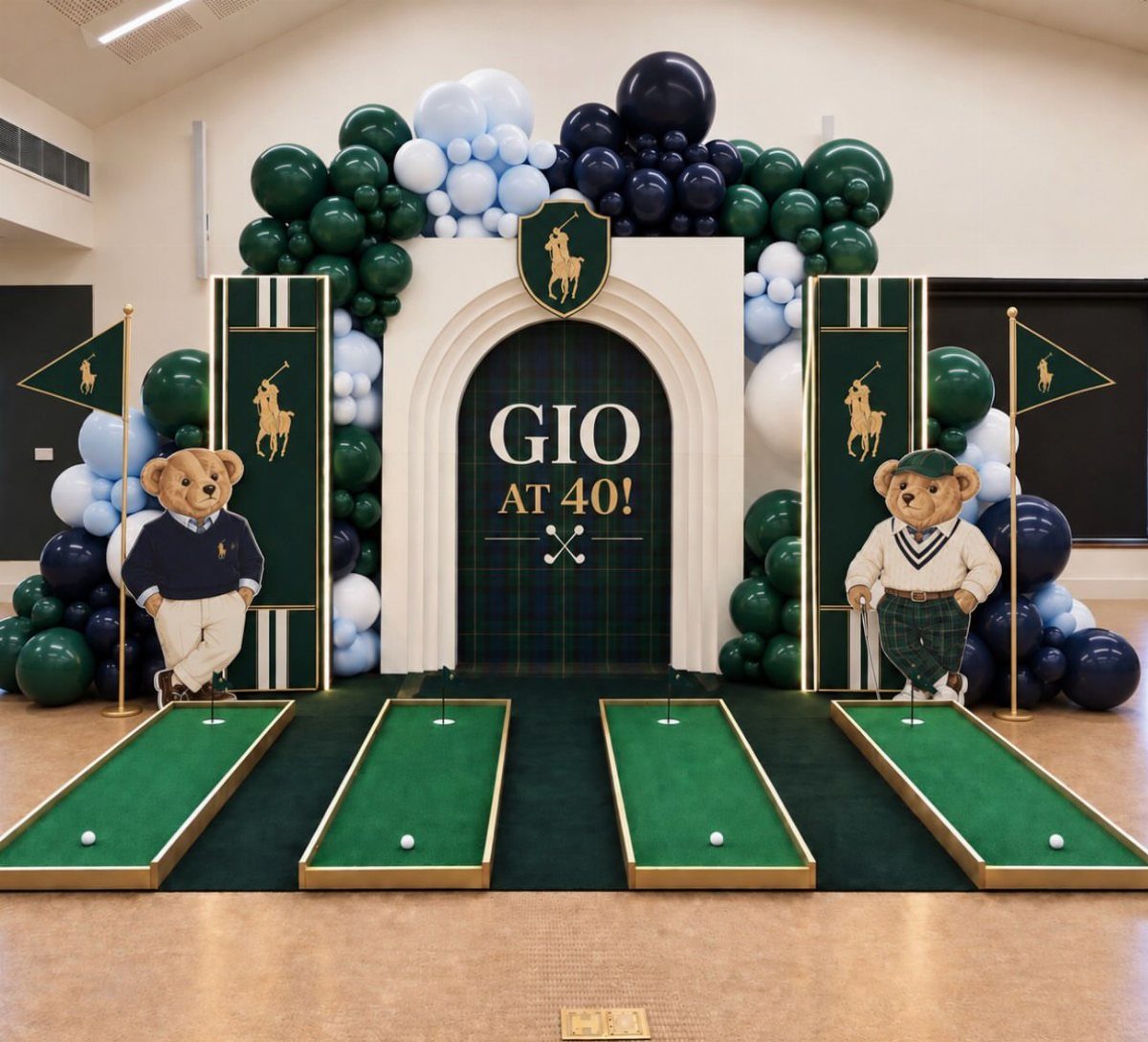 Golf-themed 40th birthday party decoration with putting greens and teddy bears