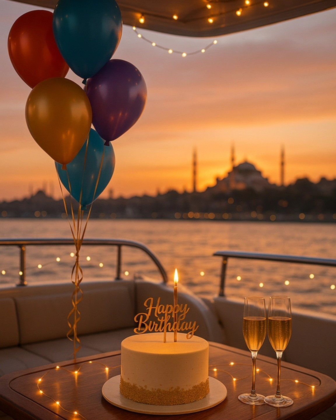 Birthday cake and champagne on a boat with Istanbul skyline at sunset