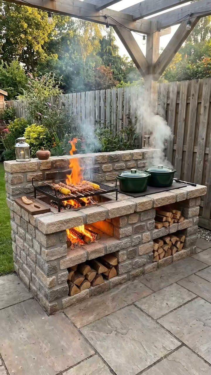 Stone outdoor grill with fire cooking corn and meat on a patio