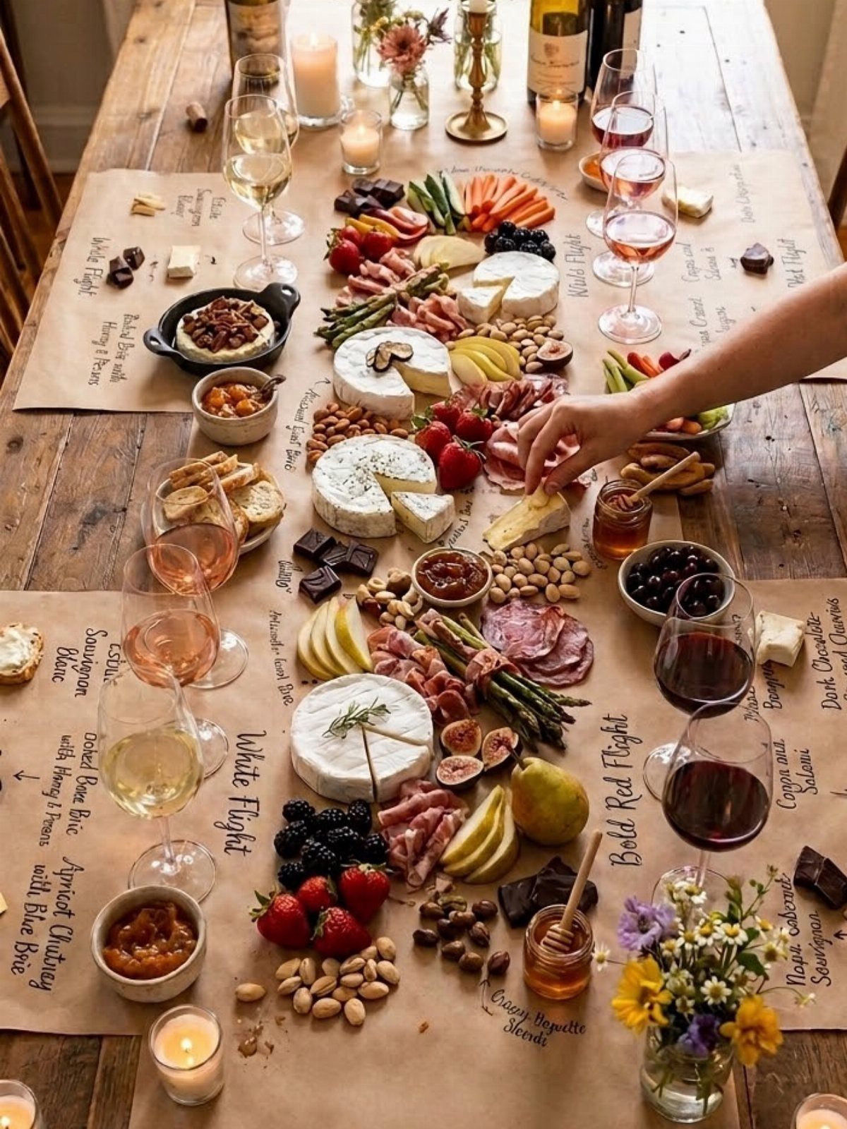Wine tasting spread with cheeses, meats, and fruits on labeled parchment paper.