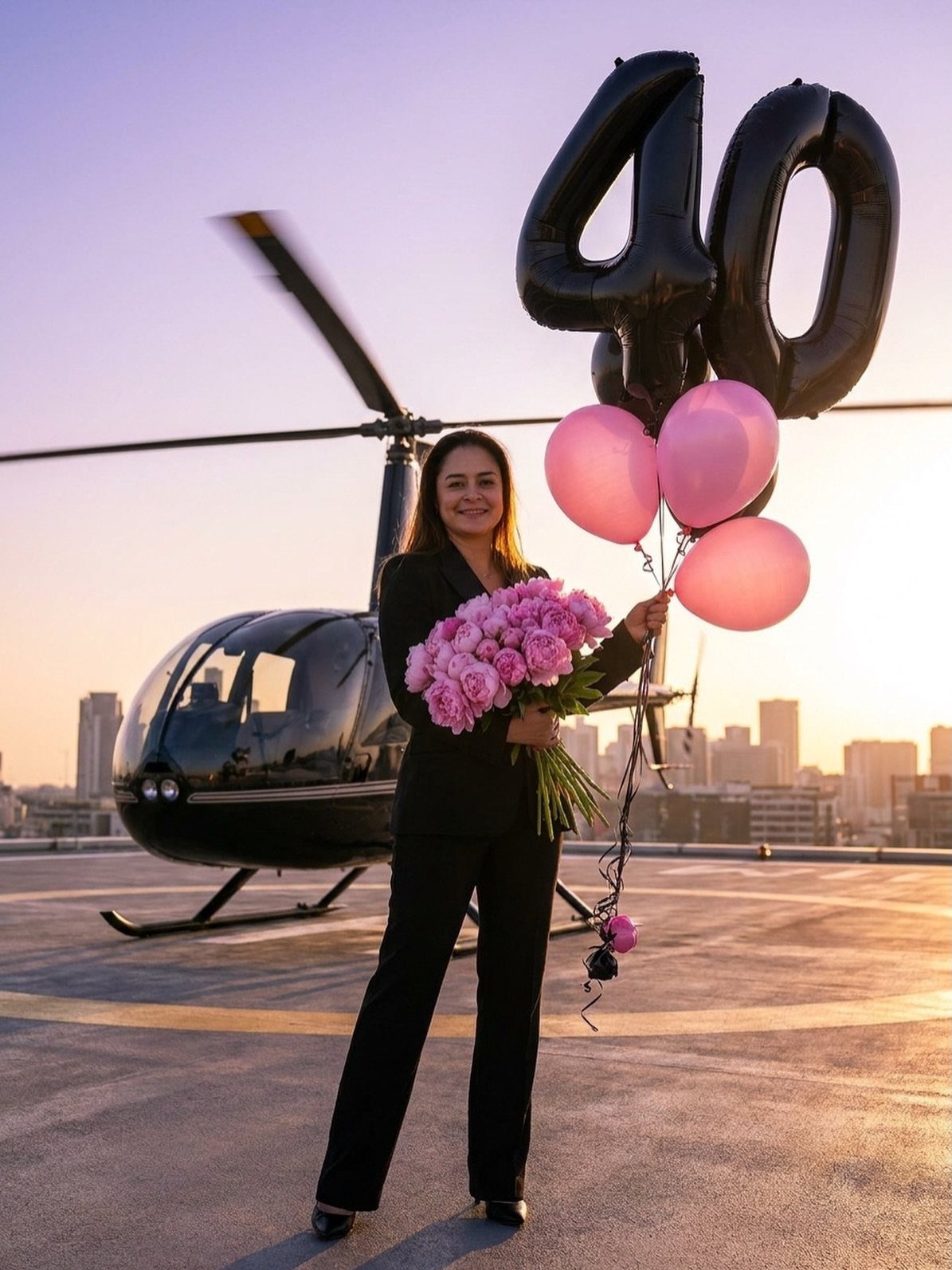 Woman in black suit holding 40 balloons and pink roses by a helicopter.