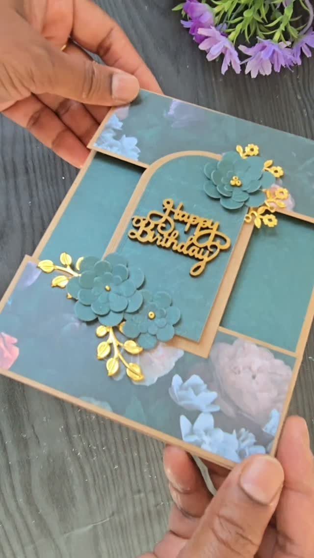 Teal floral birthday card with 3D paper flowers and gold Happy Birthday cutout