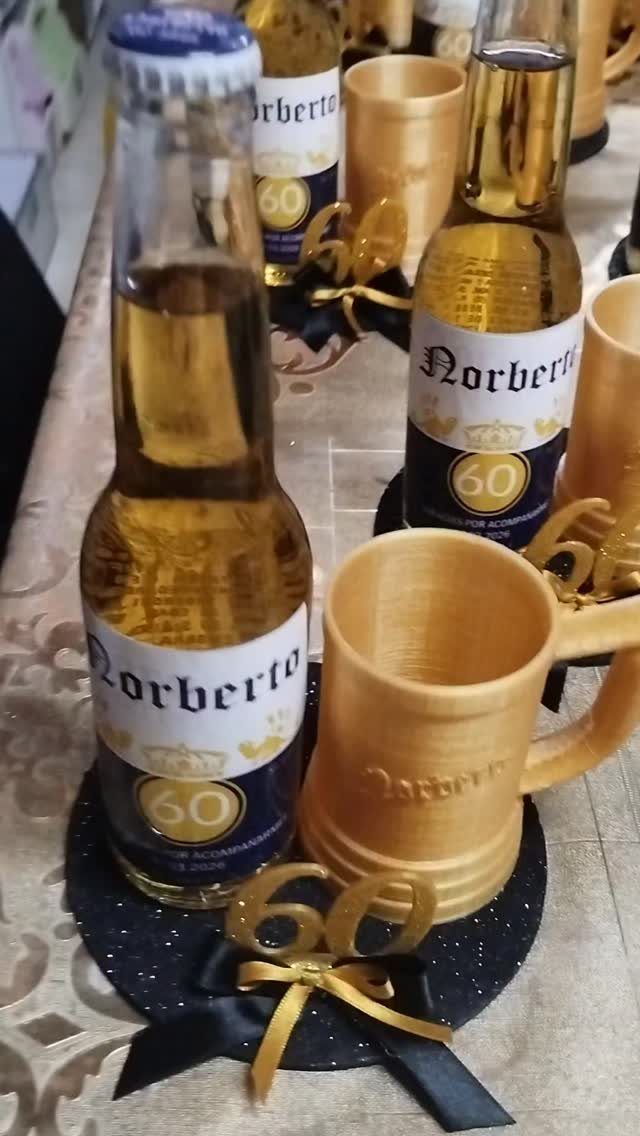 Personalized 60th birthday gift set with beer bottle, gold mug, and number 60 topper.