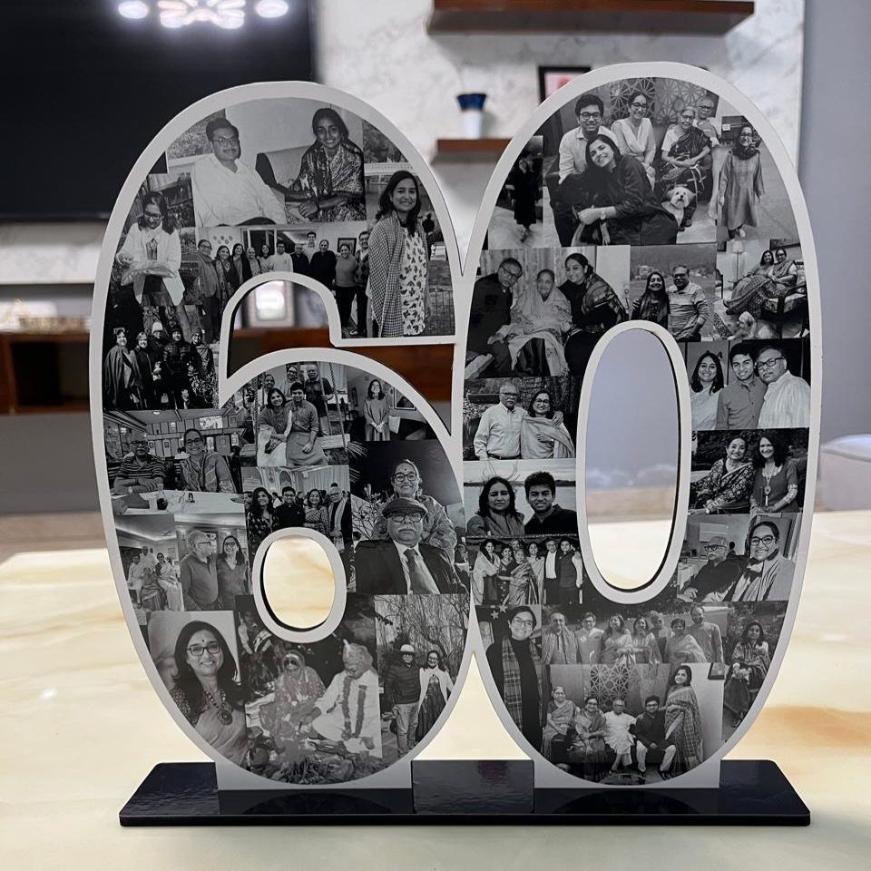 Number 60 cutout filled with a black and white photo collage of people