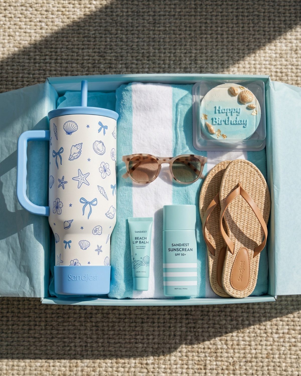 Beach themed birthday gift box with blue tumbler, flip-flops, and a small cake.