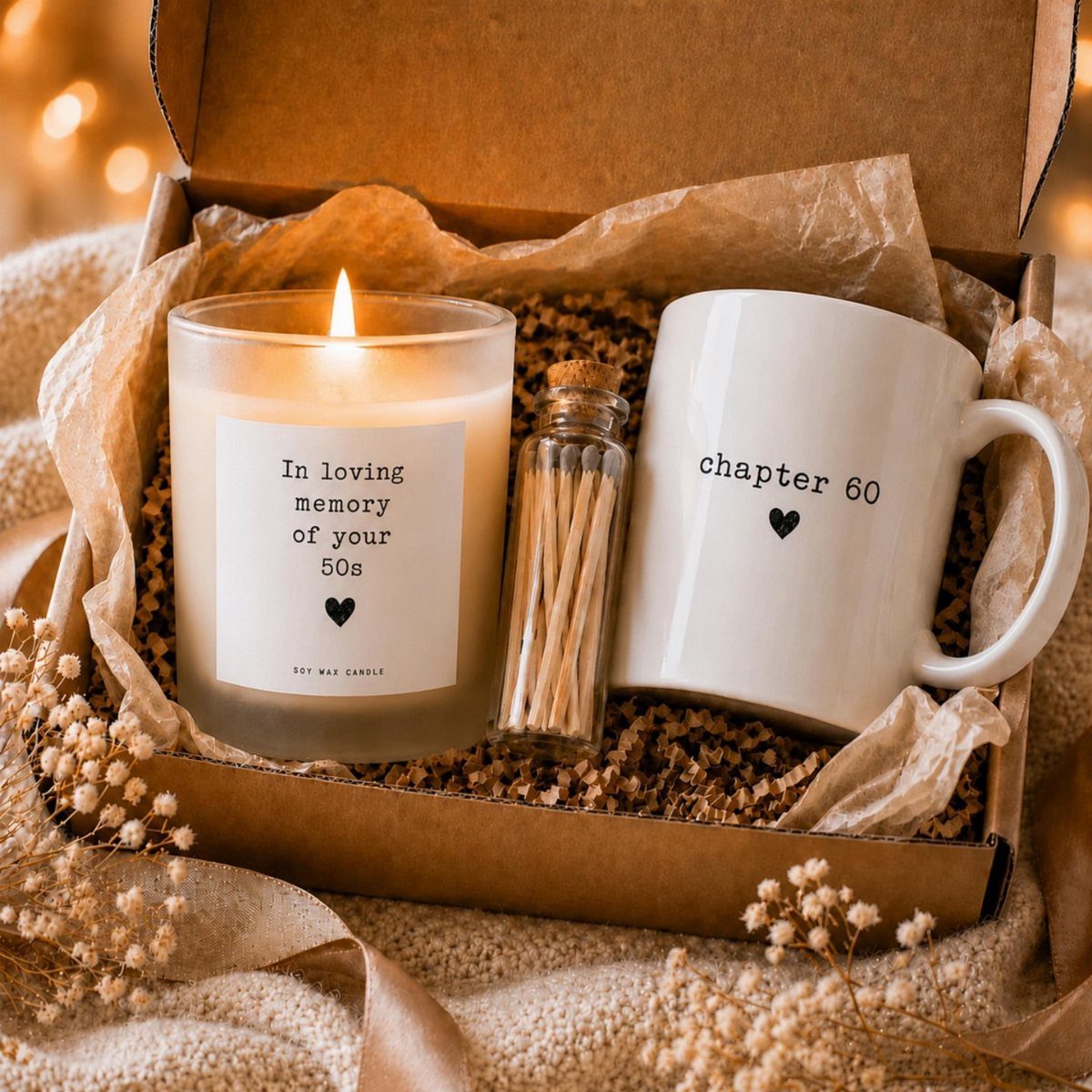 Gift box with lit candle, matches, and a chapter 60 mug for birthday.