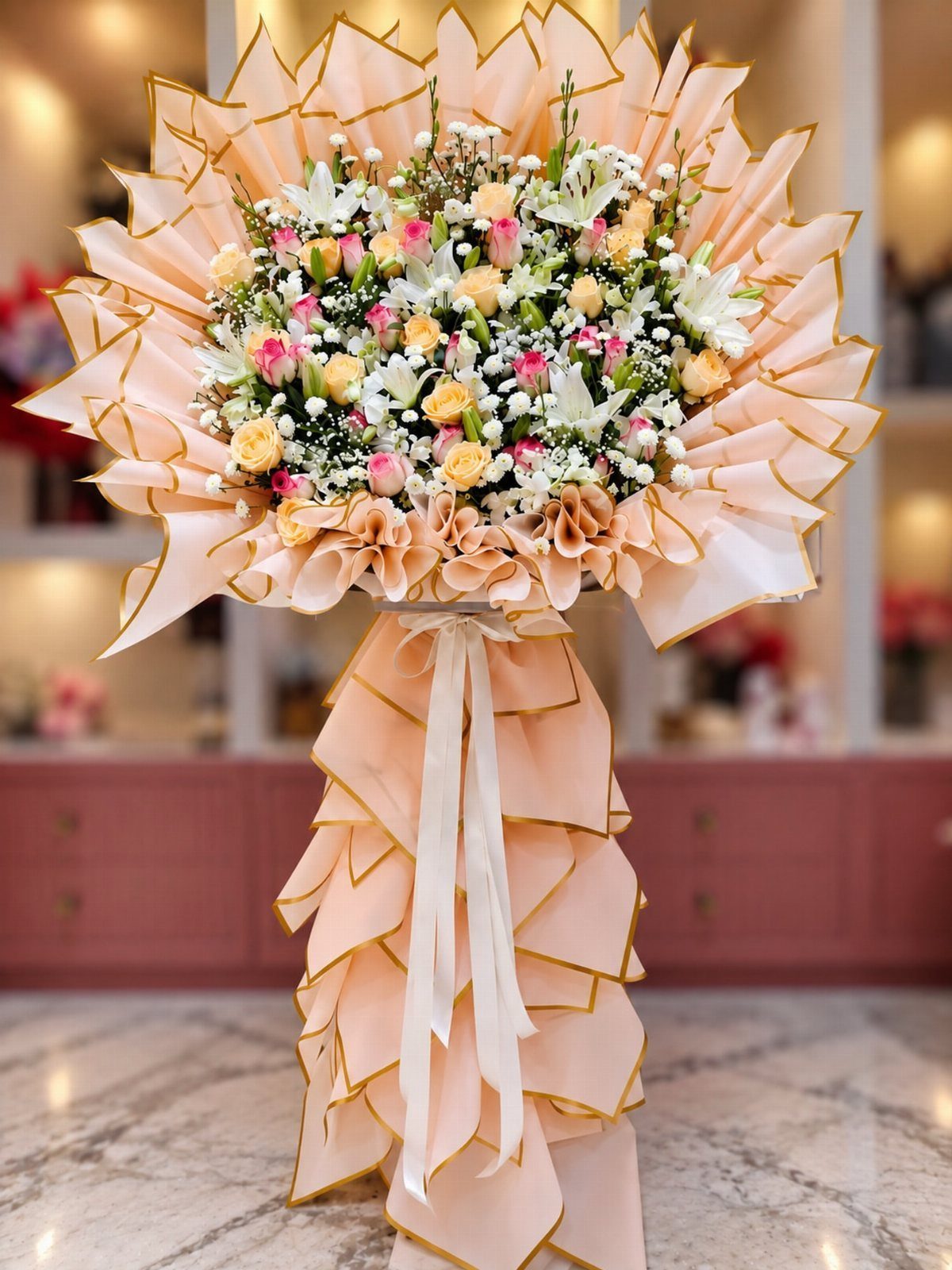 Large floral bouquet with peach wrapping and gold edges on a marble floor