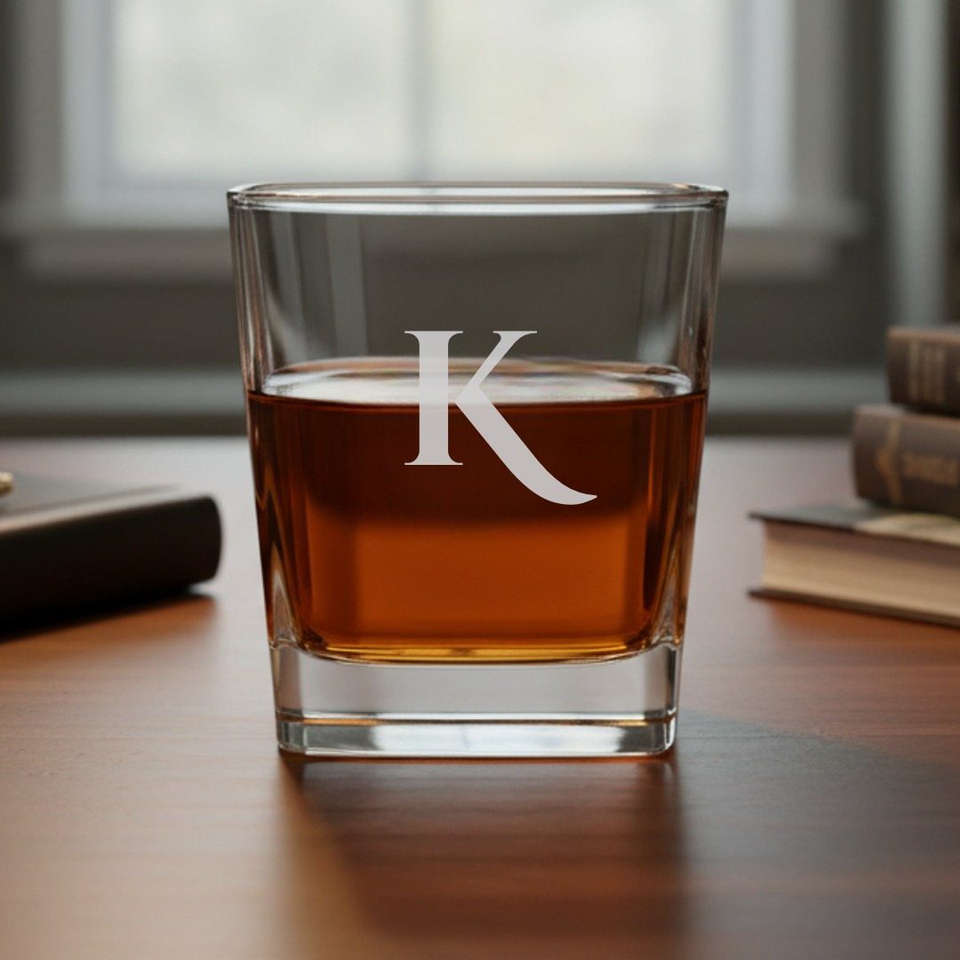 Whiskey glass with engraved letter K filled with amber liquid on wooden table