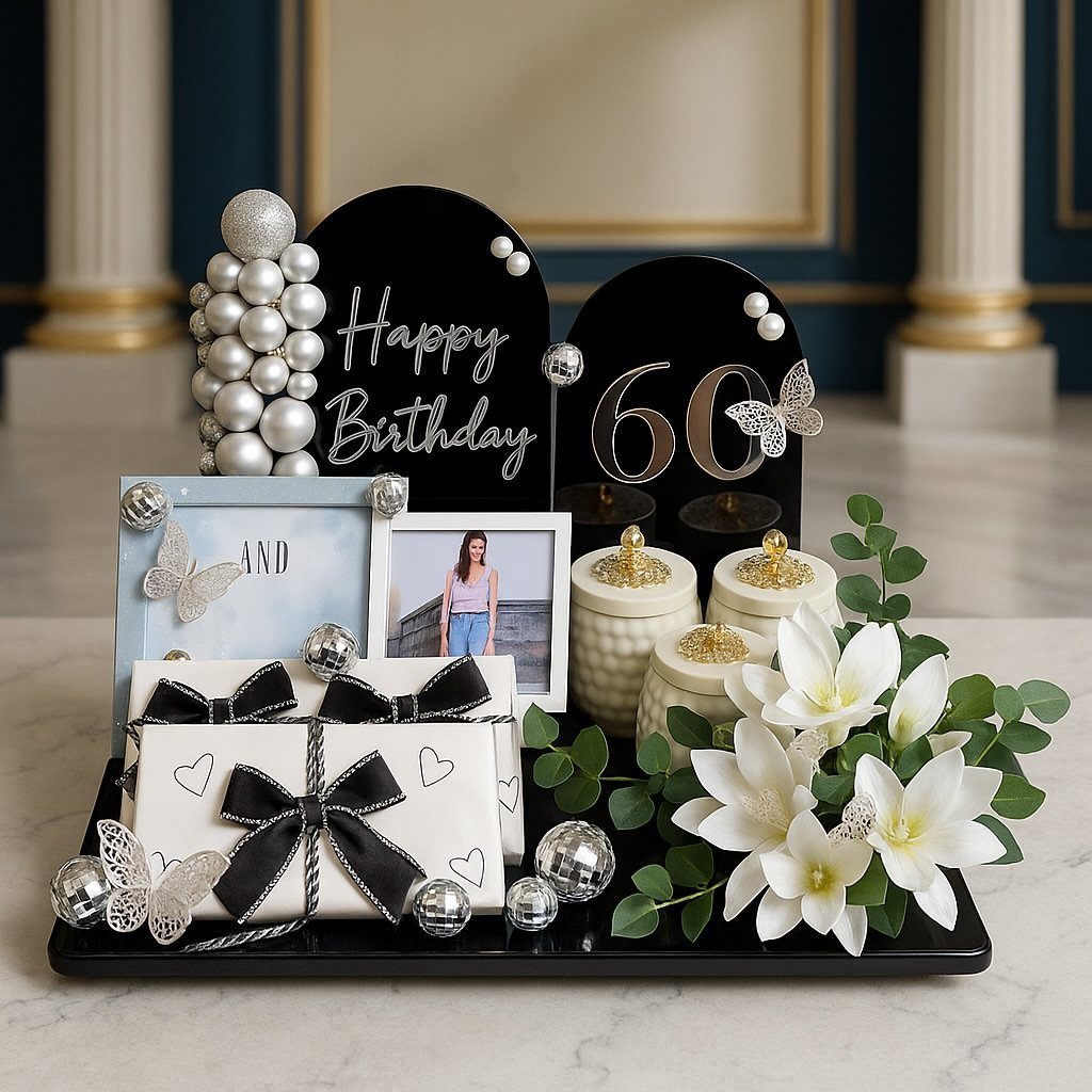 60th birthday gift set with white lilies, wrapped presents, and birthday signage.