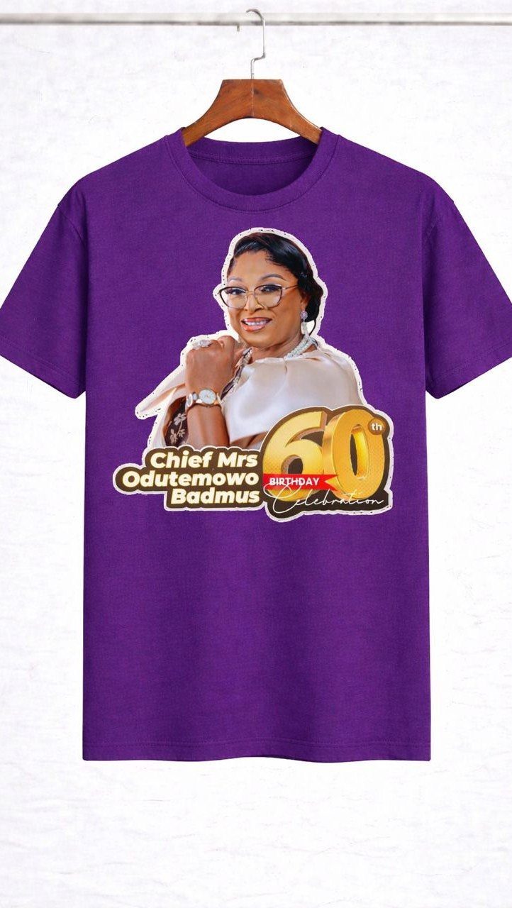 Purple t-shirt with a custom 60th birthday graphic featuring a woman and gold text.