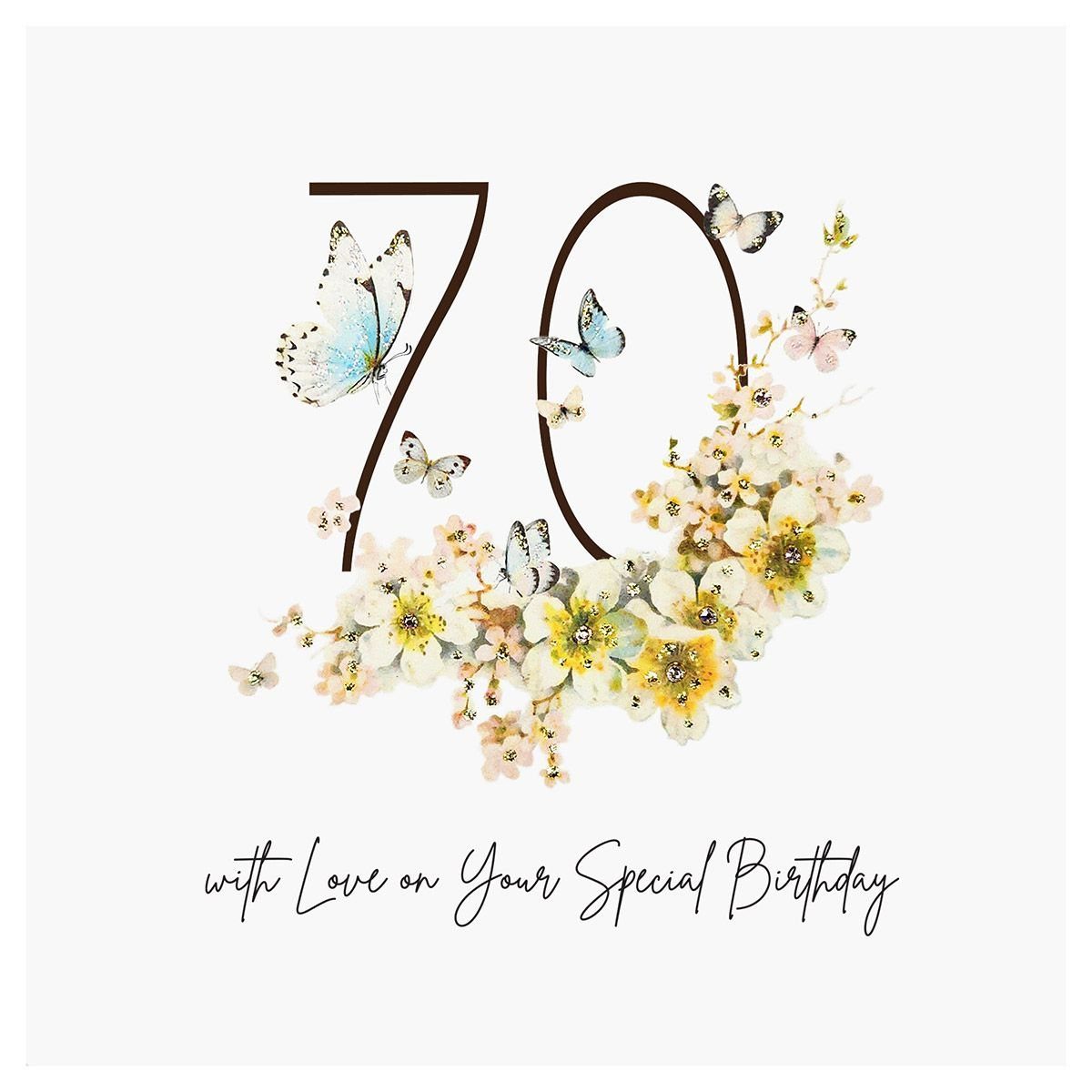 Birthday card with number 70 decorated with watercolor flowers and butterflies.