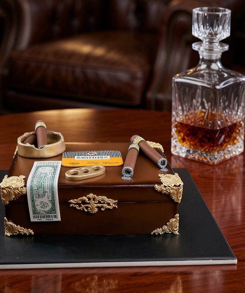 Cigar box shaped cake with edible cigars and a crystal whiskey decanter.
