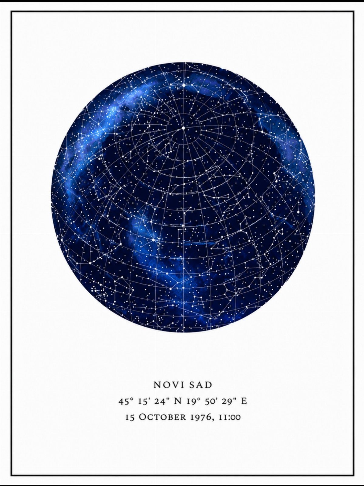 Custom star map showing the night sky over Novi Sad on October 15, 1976.
