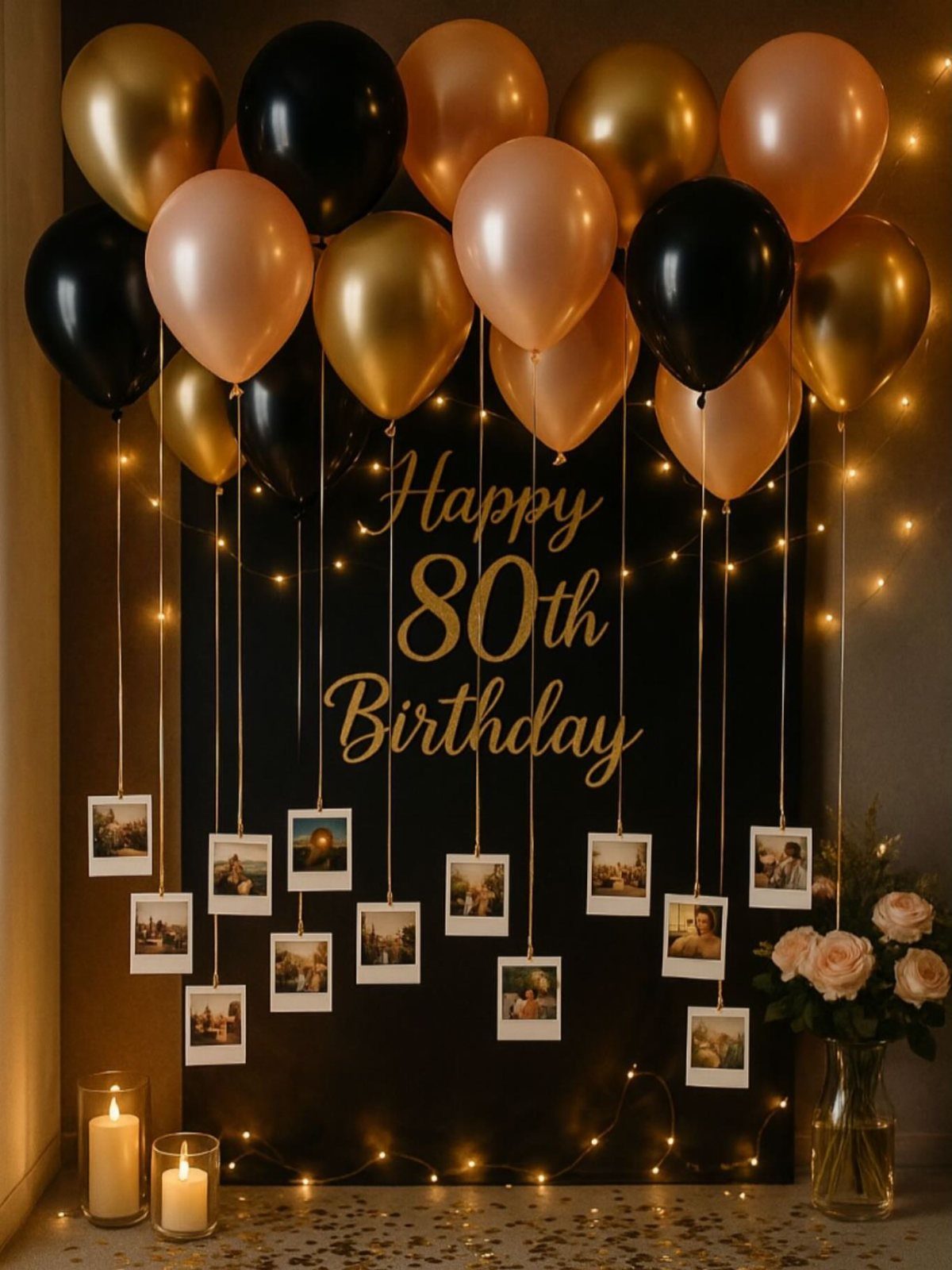 Gold and black birthday decorations with hanging polaroid photos for an 80th birthday.