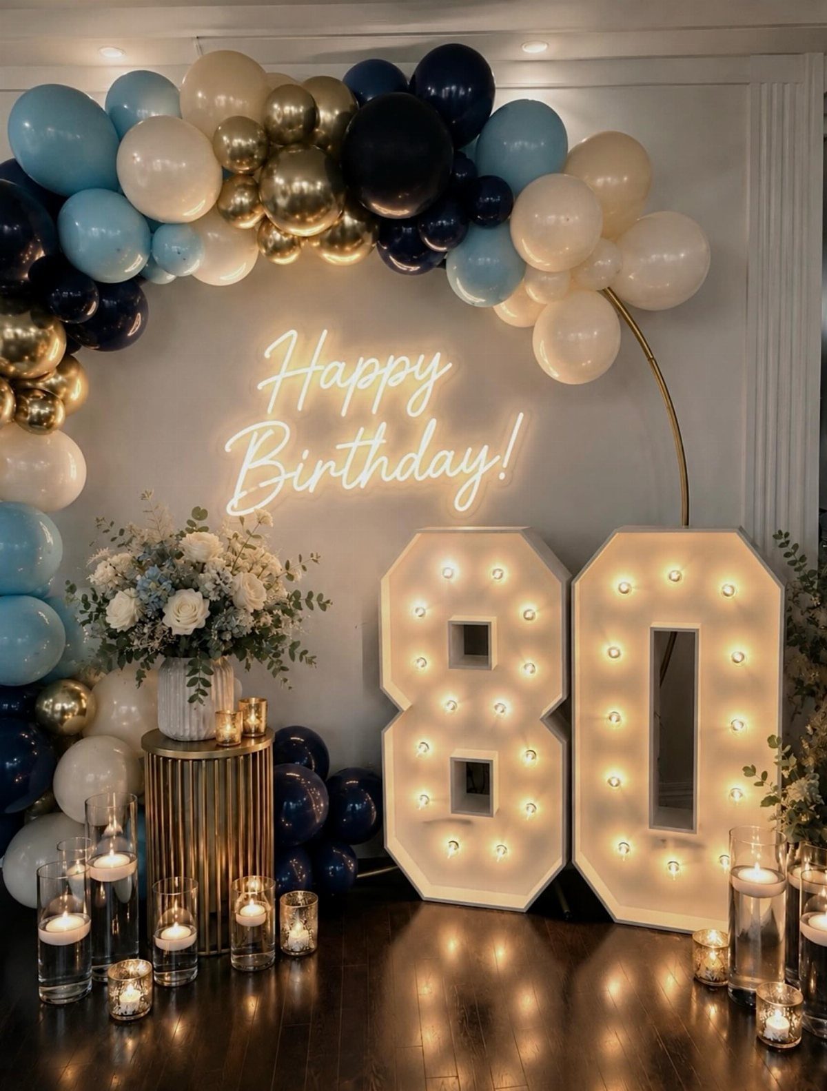 Birthday party decoration with blue and gold balloons, neon sign, and large glowing 80.