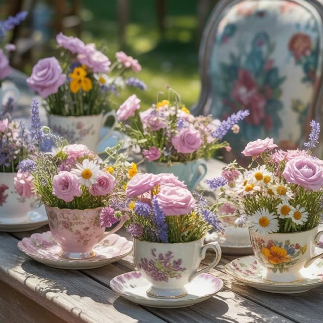 Floral centerpieces in vintage teacups with pink roses and daisies on a wooden table.