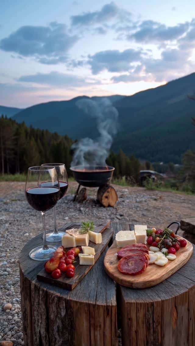 Red wine and charcuterie on tree stumps with a steaming pot and mountains.