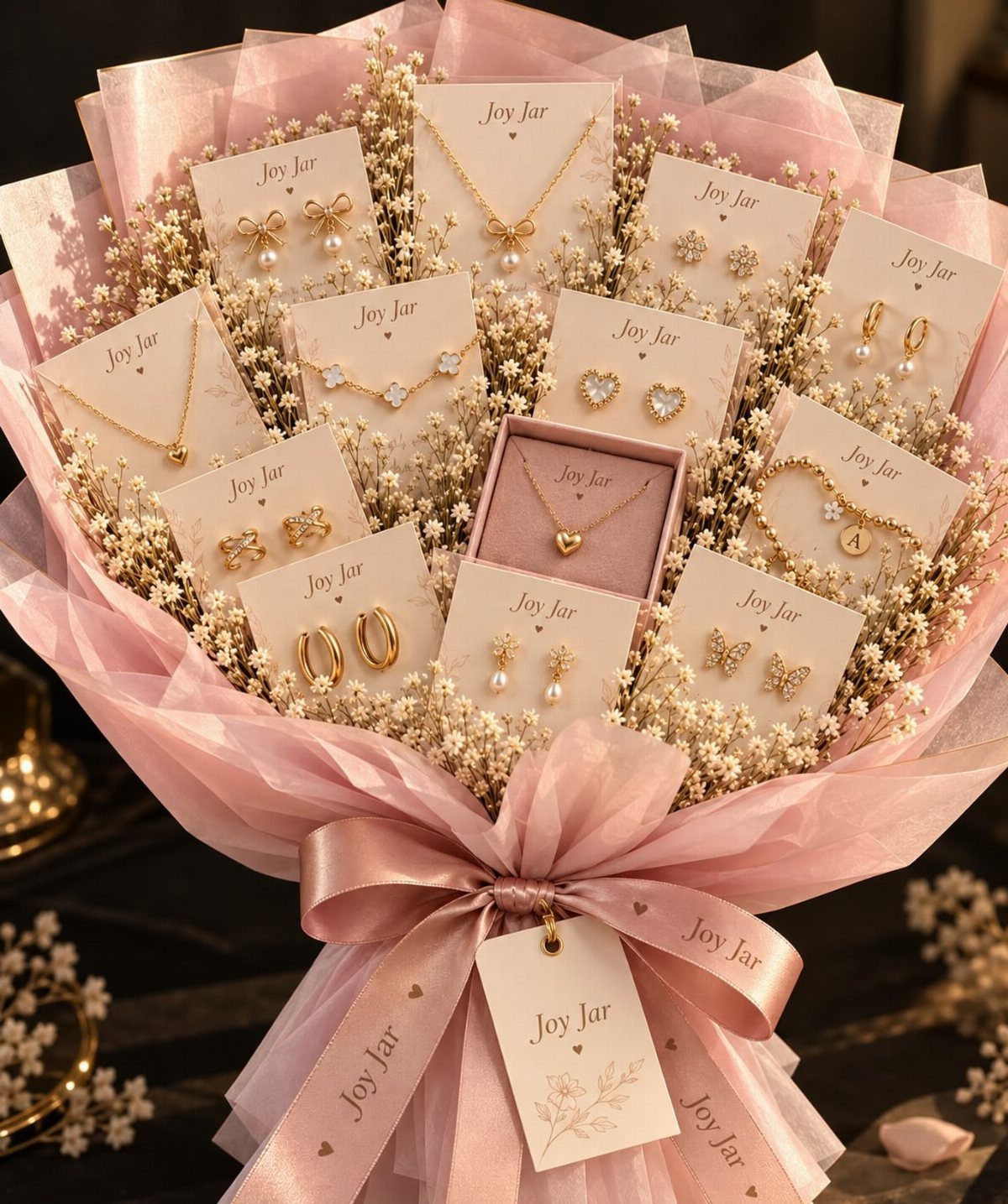 Gold jewelry set arranged in a pink floral bouquet with white dried flowers.