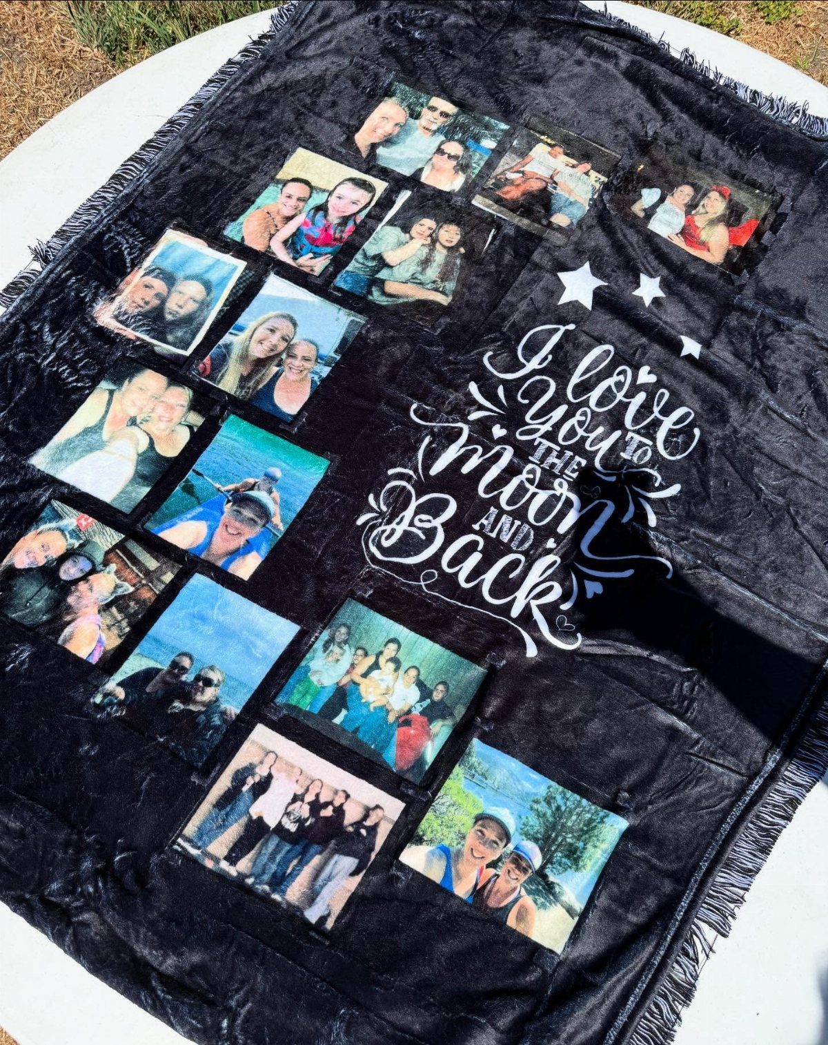 Black personalized blanket with photo collage and I love you text