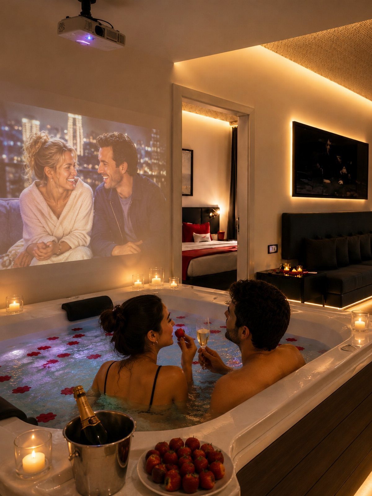 Couple in a rose petal hot tub with champagne and a projected movie.