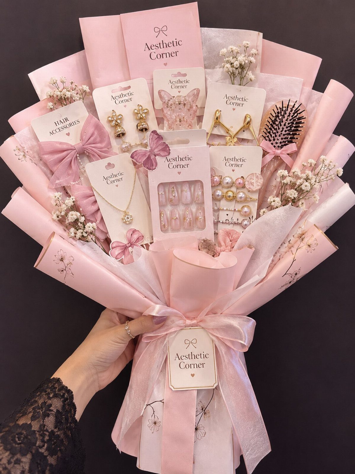 Gift bouquet of pink beauty accessories including jewelry and nails wrapped in pink paper.