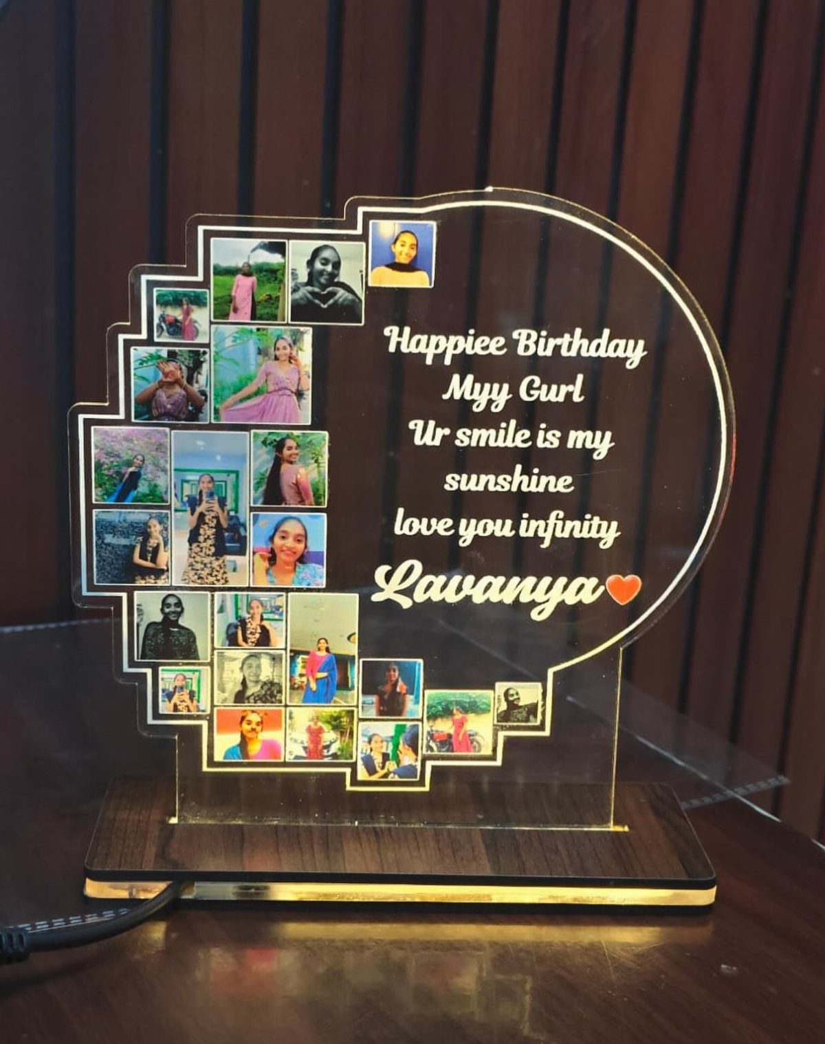 Personalized acrylic photo lamp with birthday message and collage of photos for Lavanya
