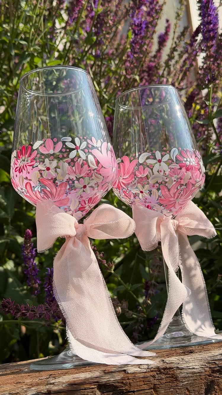 Two floral decorated wine glasses with pink ribbons against a purple flower background