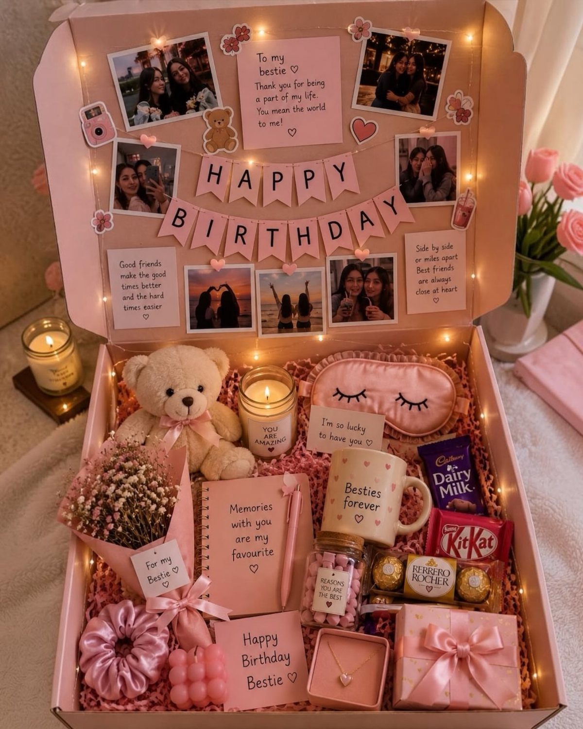 Pink birthday gift box filled with chocolates, teddy bear, and personalized photos