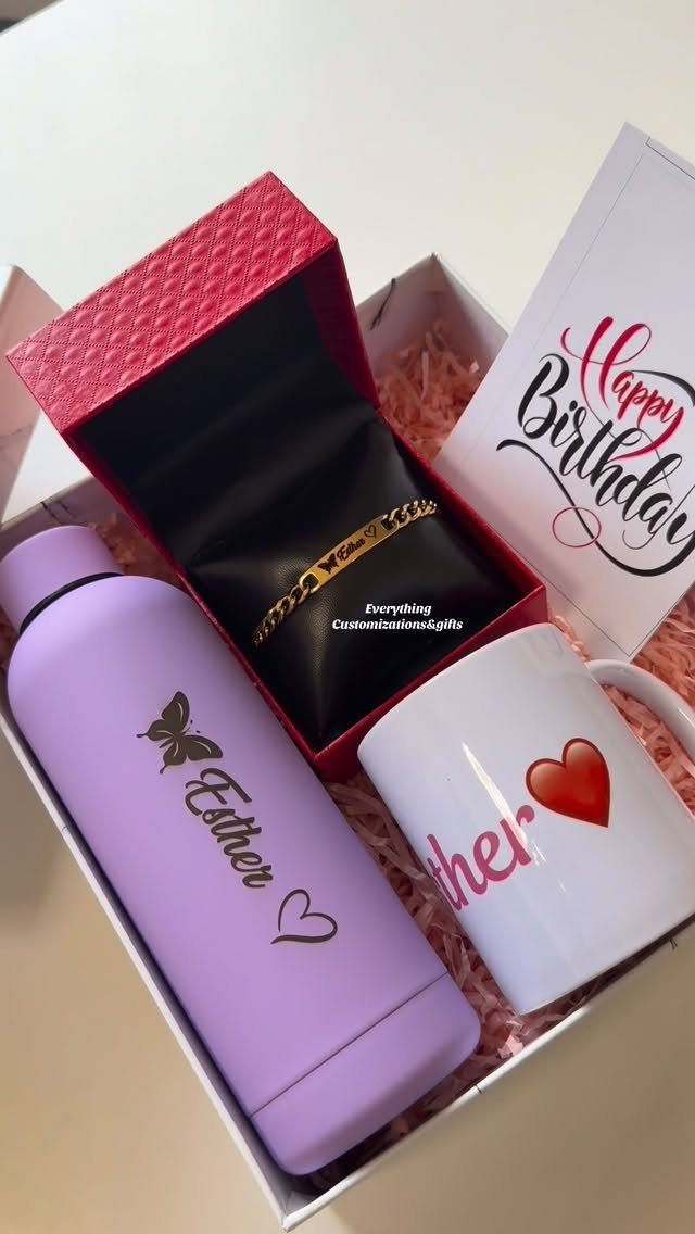 Personalized white mug and purple water bottle in a birthday gift box
