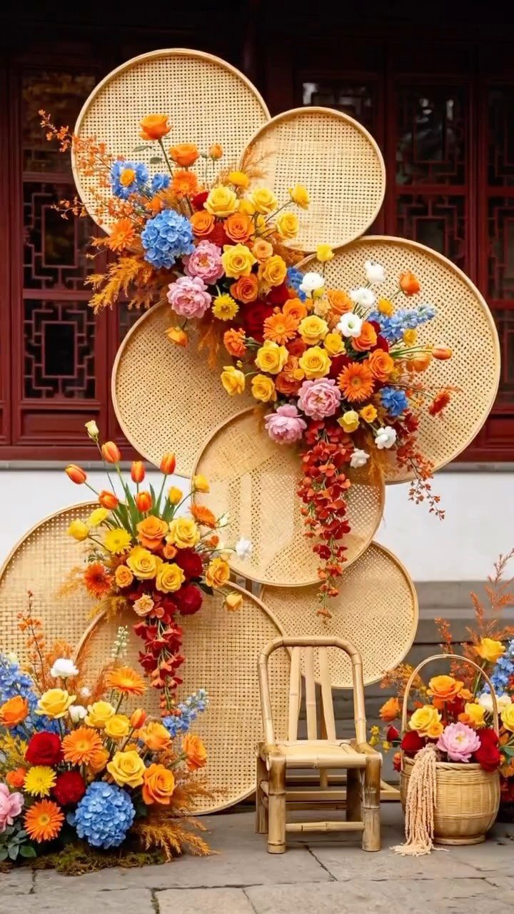 Floral backdrop with colorful flowers arranged on circular woven rattan screens and bamboo furniture.