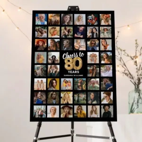 Photo memory board on an easel with a grid of pictures for an 80th birthday.