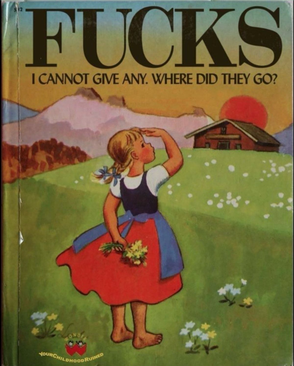 Humorous book cover with a vintage illustration of a girl in a field