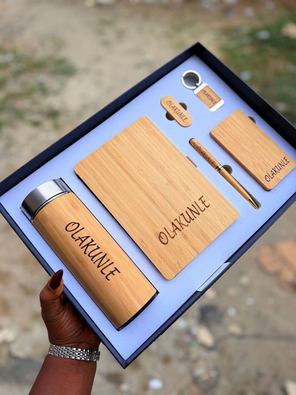 Bamboo gift set with engraved name including thermos, notebook, and pen in box