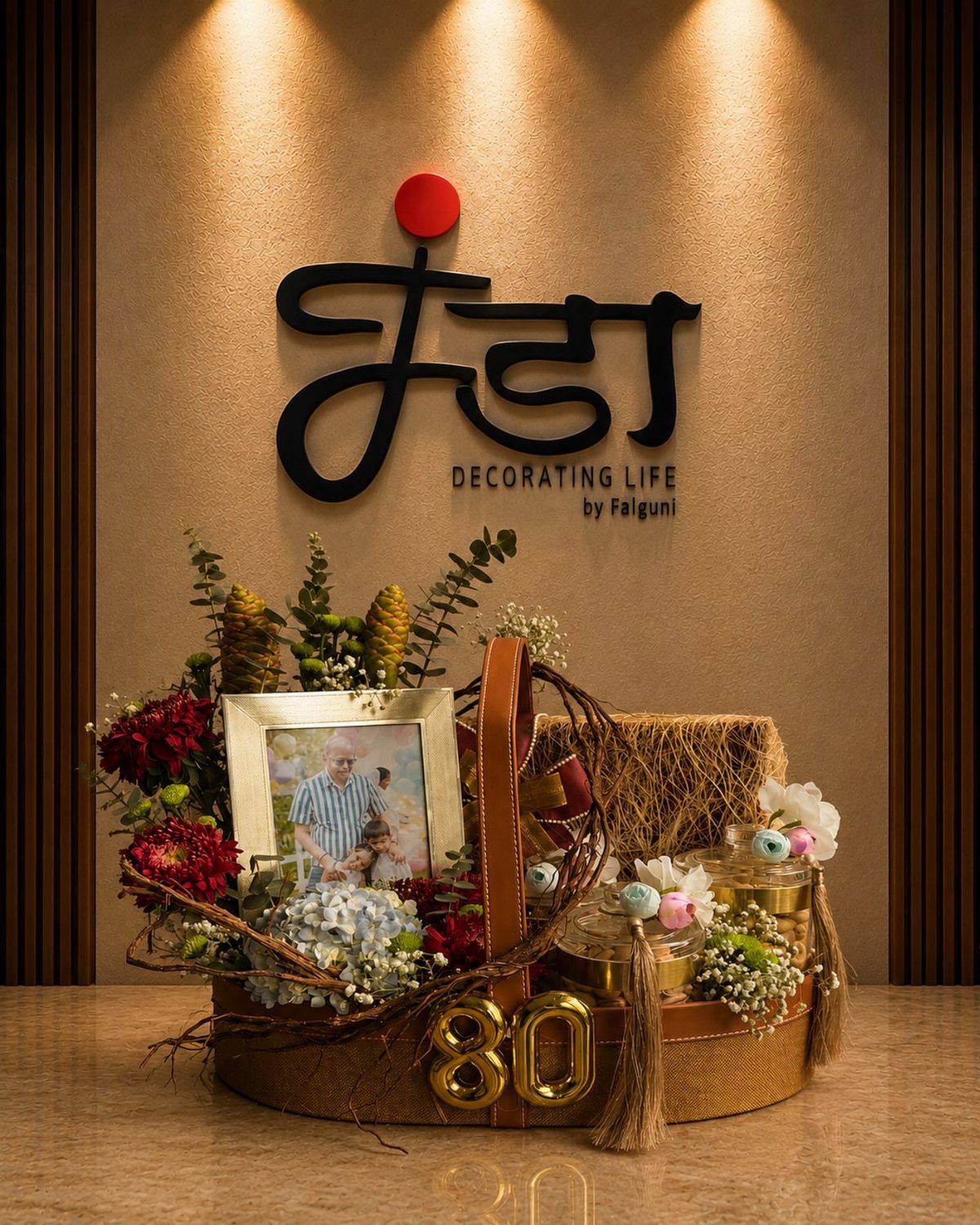 Gift hamper with flowers, framed photo, and gold 80 numbers in woven basket