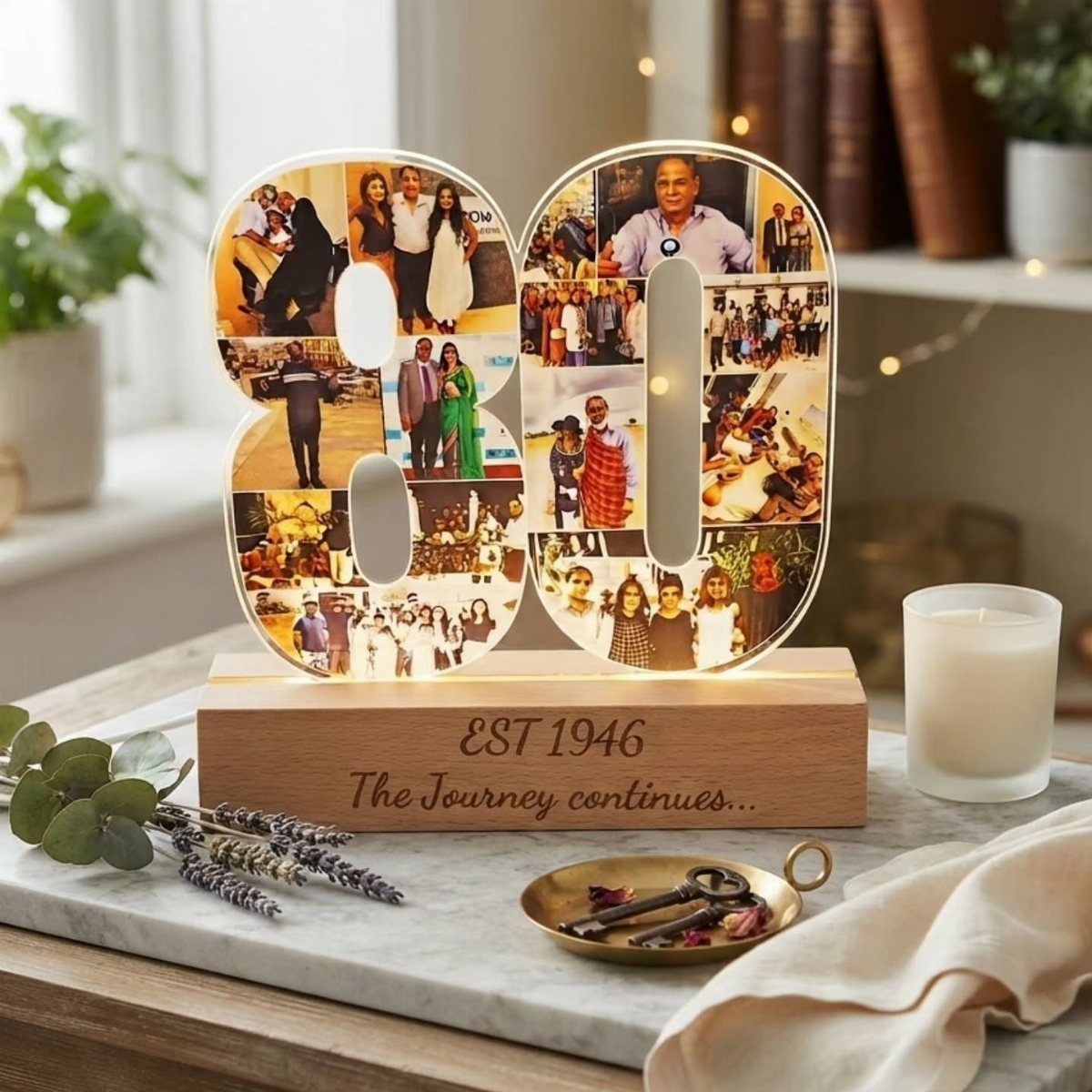 Acrylic number 80 photo collage on an engraved wooden base on marble surface