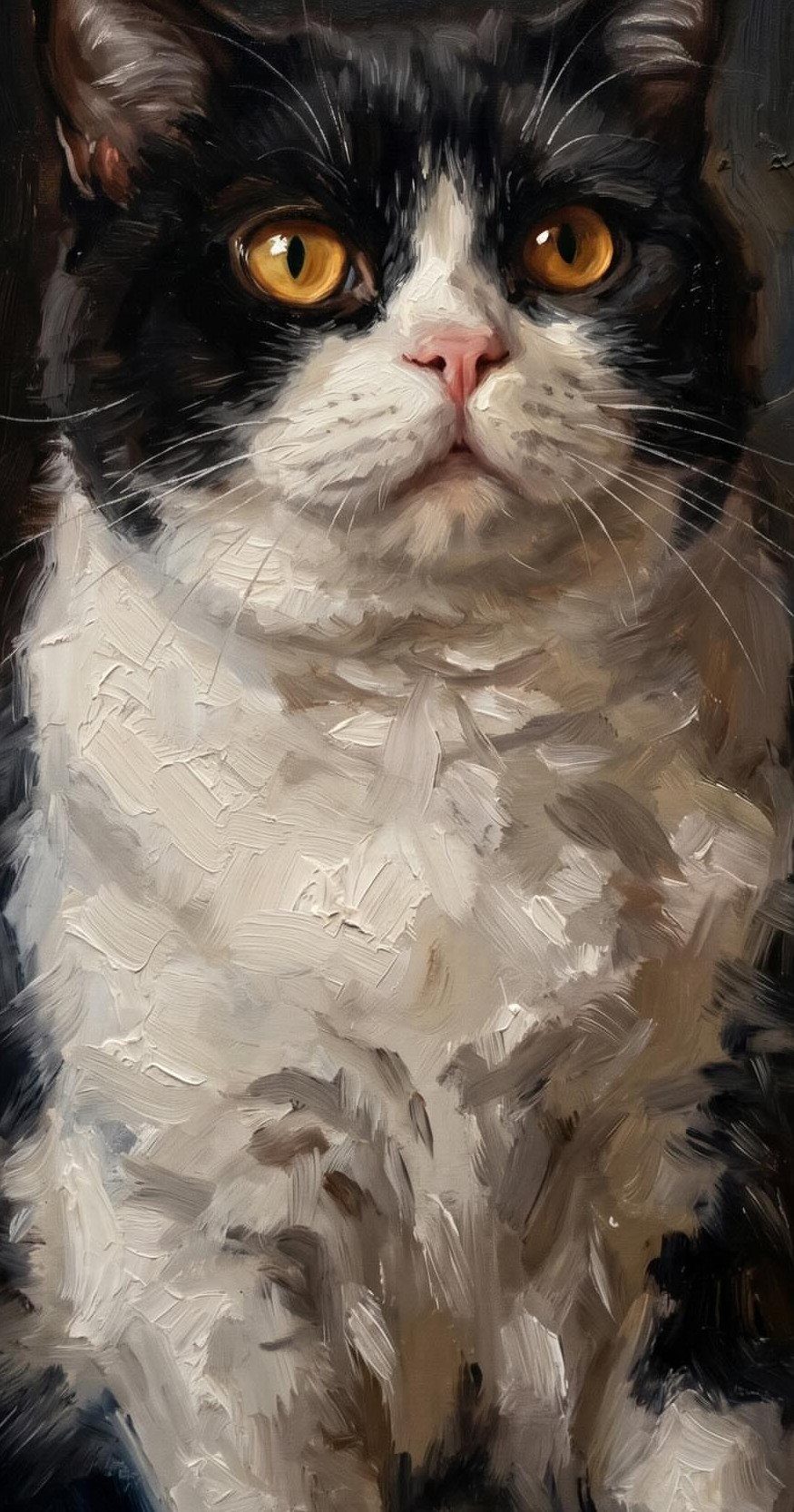 Oil painting of a black and white cat with striking amber eyes.